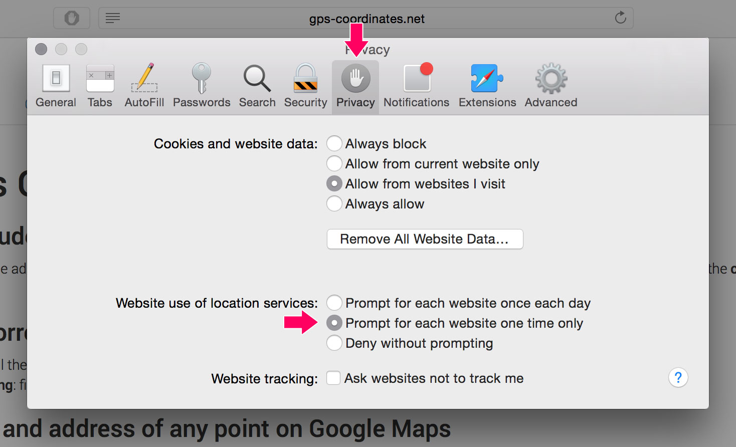 Safari allow website use of location services